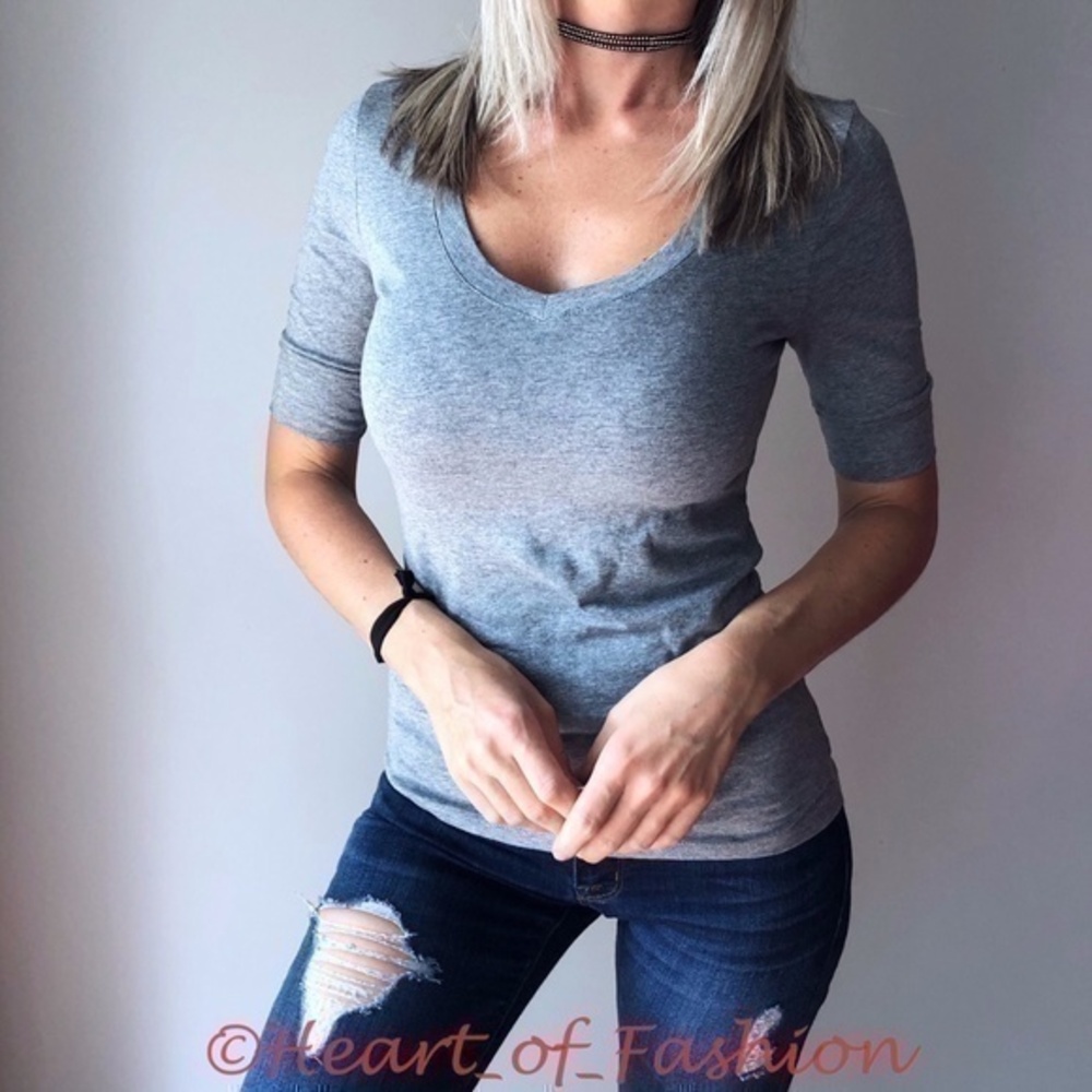 Women's Basic Half Sleeve Fitted Slimming Stretch Casual V-Neck Top Shirt PLUS